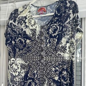 Johnny Was Navy and Cream Floral Midi Dress